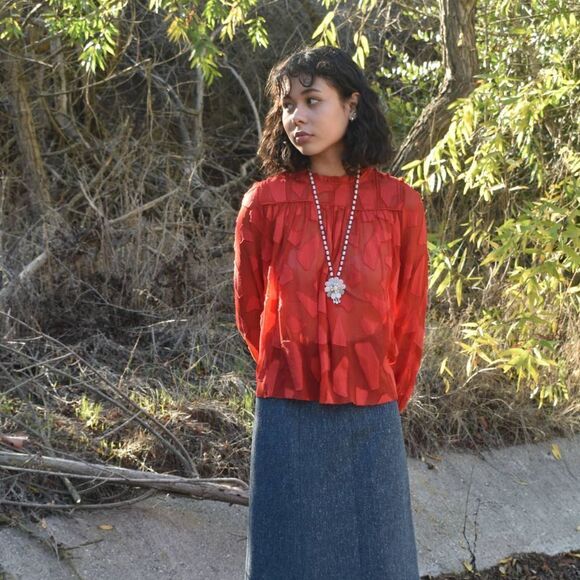 Le Fou Wilfred Sheer Ruffle Neck Geometric Red Long Sleeve Blouse- XXS - Picture 8 of 8